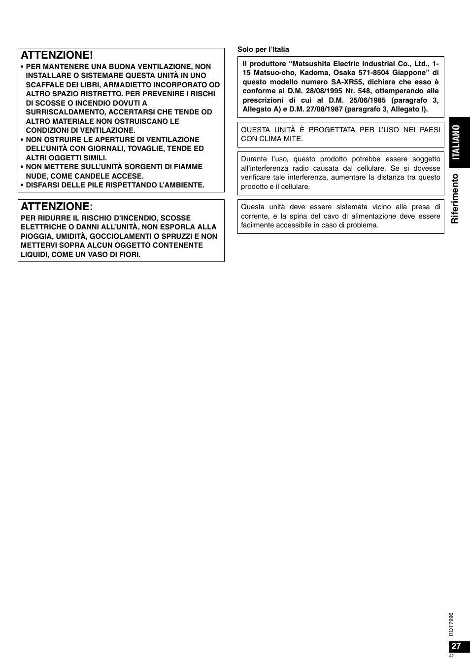 Attenzione | Panasonic SAXR55 User Manual | Page 55 / 168