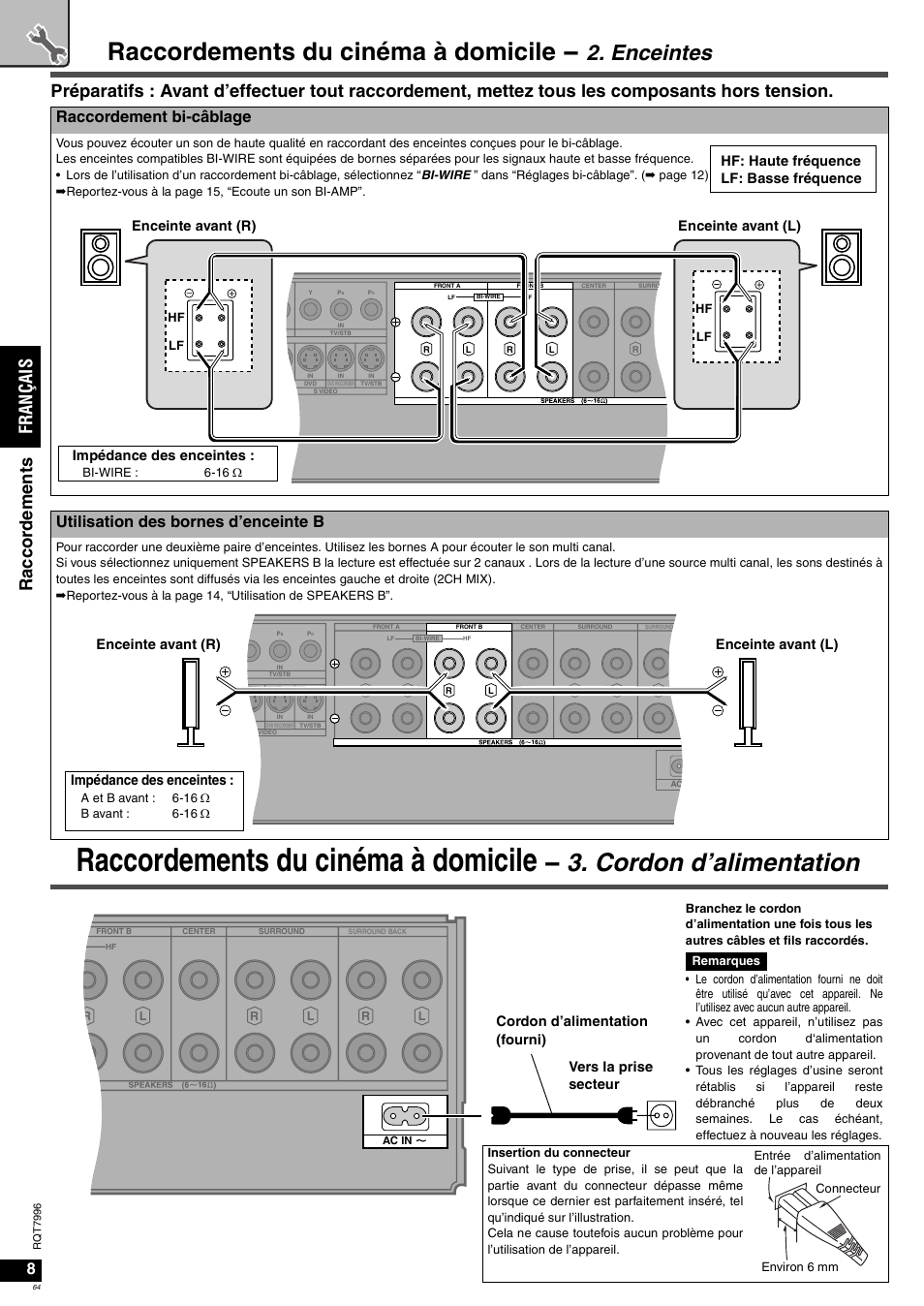 Raccordements du cinéma à domicile, Cordon d’alimentation, Enceintes | Fr an ça is ra cc or de me nts, Raccordement bi-câblage, Utilisation des bornes d’enceinte b, Impédance des enceintes, Enceinte avant (r) enceinte avant (l), Hf: haute fréquence lf: basse fréquence | Panasonic SAXR55 User Manual | Page 64 / 168