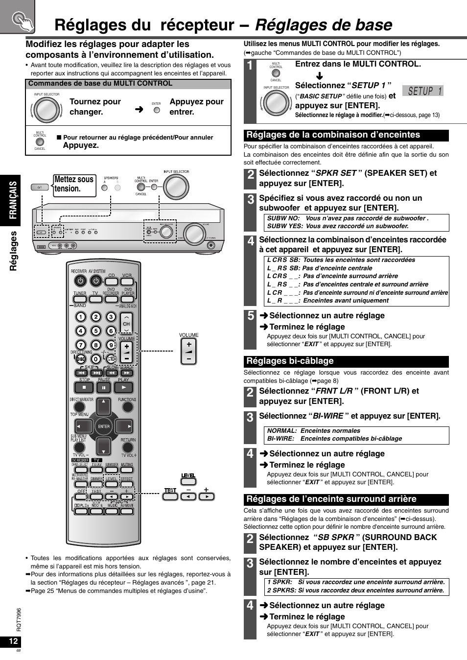 Réglages du récepteur - réglages de base, Setup 1 | Panasonic SAXR55 User Manual | Page 68 / 168