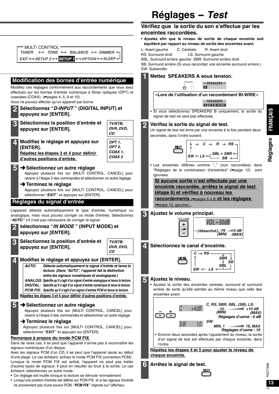 Réglages - test, Vol- 50db, Sw 10 c +4db | Panasonic SAXR55 User Manual | Page 69 / 168