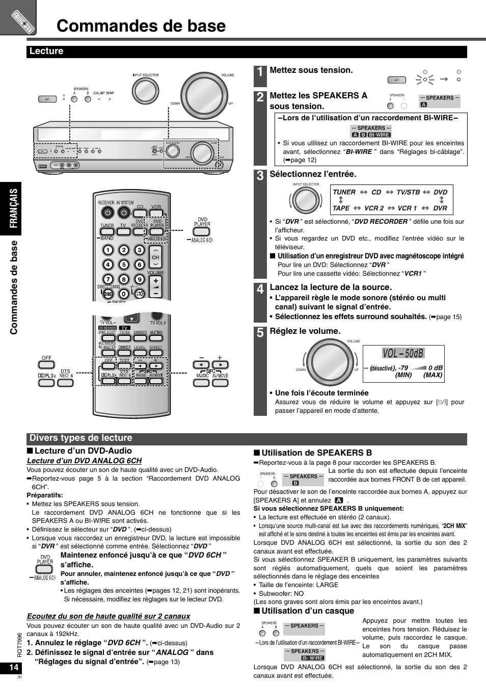 Commandes de base, 50db, Fr an ça is comma nde s de ba se | Lecture, Divers types de lecture | Panasonic SAXR55 User Manual | Page 70 / 168