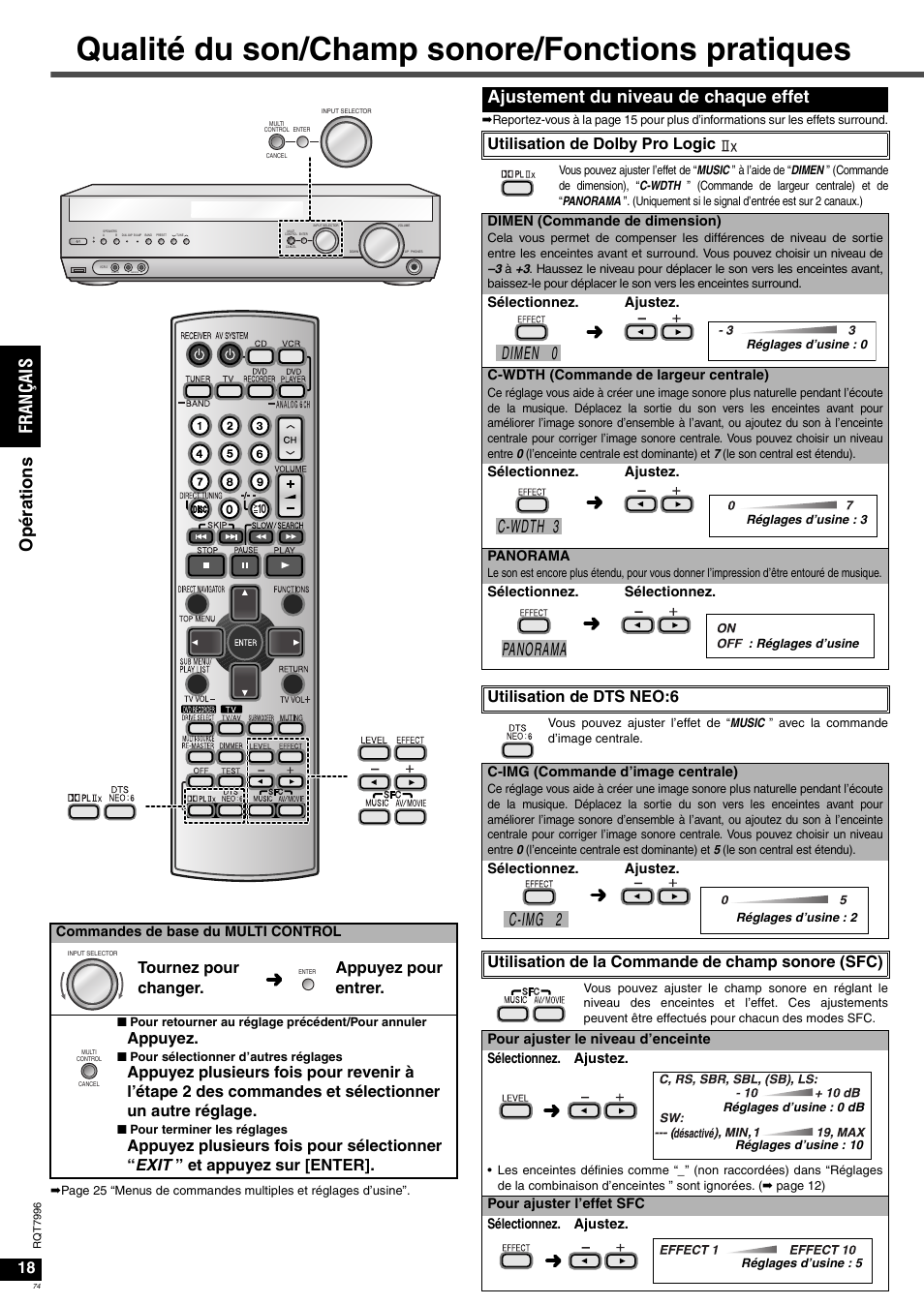 Qualité du son/champ sonore/fonctions pratiques, Fr an ça is o p ér at io n s, Ajustement du niveau de chaque effet | Dimen 0, C-wdth 3, Panorama, C-img 2, Tournez pour changer. appuyez pour entrer, Appuyez, Utilisation de dolby pro logic | Panasonic SAXR55 User Manual | Page 74 / 168