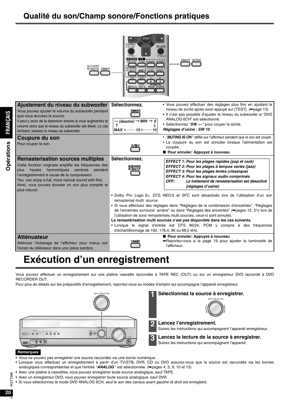 Exécution d’un enregistrement, Qualité du son/champ sonore/fonctions pratiques, Fr an ça is o p ér at io n s | Ajustement du niveau du subwoofer, Coupure du son, Remasterisation sources multiples, Atténuateur, Sélectionnez, Sélectionnez la source à enregistrer, Lancez l’enregistrement | Panasonic SAXR55 User Manual | Page 76 / 168