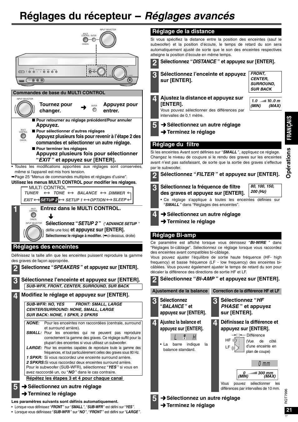 Réglages du récepteur - réglages avancés, L h 0 mm, Op ér at io n s fr an ça is | Réglages des enceintes, Réglage de la distance, Réglage du filtre, Réglage bi-amp | Panasonic SAXR55 User Manual | Page 77 / 168