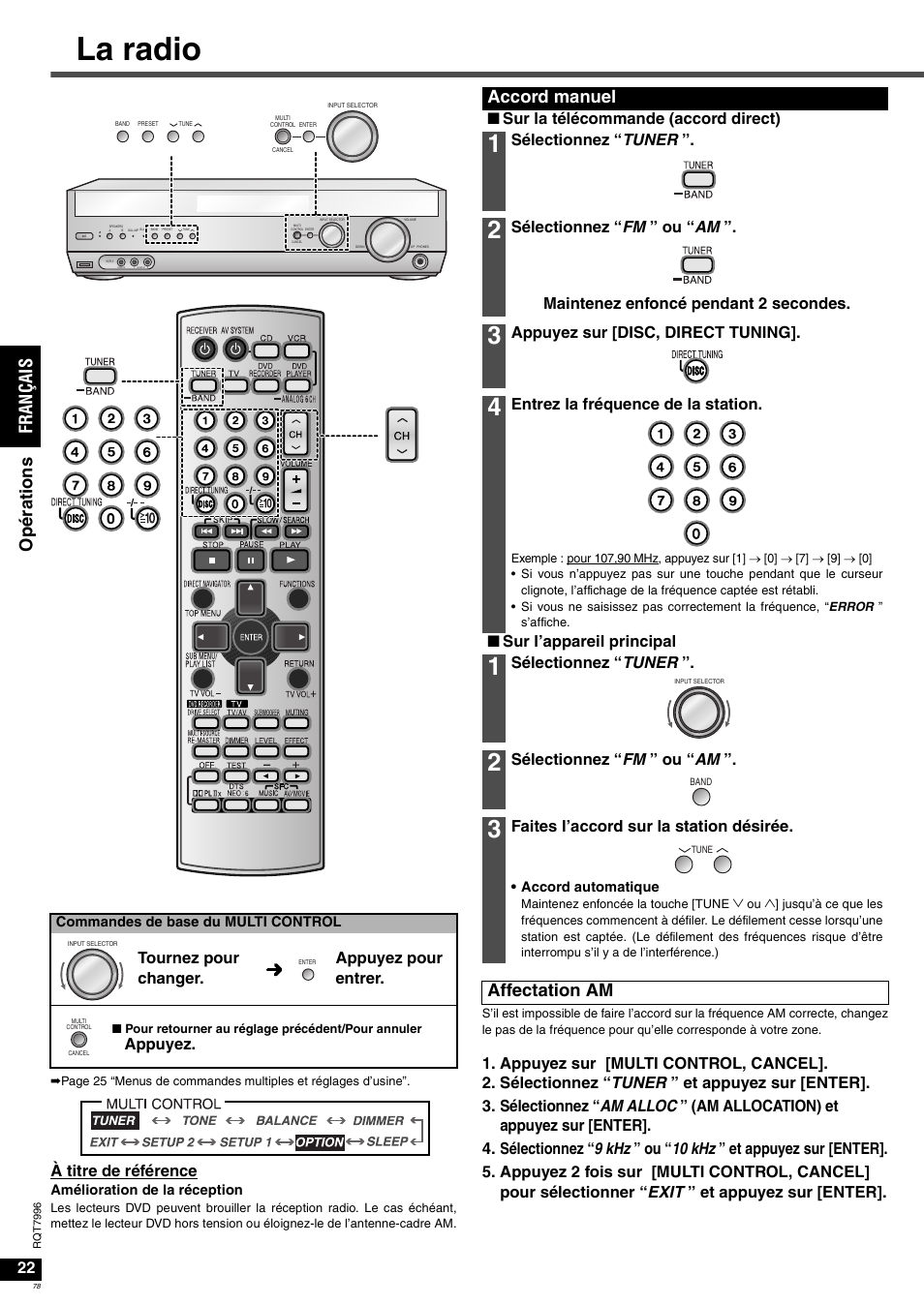 La radio, Fr an ça is o p ér at io n s, Accord manuel | Affectation am, À titre de référence, Tournez pour changer. appuyez pour entrer, Appuyez, Nsur la télécommande (accord direct), Sélectionnez “ tuner, Appuyez sur [disc, direct tuning | Panasonic SAXR55 User Manual | Page 78 / 168