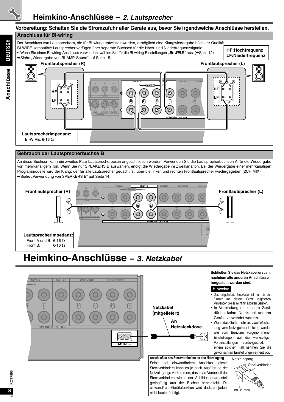Heimkino-anschlüsse, Netzkabel, Lautsprecher | De uts ch an sch lü sse, Anschluss für bi-wiring, Gebrauch der lautsprecherbuchse b, Lautsprecherimpedanz, Frontlautsprecher (r) frontlautsprecher (l), Netzkabel (mitgeliefert) an netzsteckdose, Hf:hochfrequenz lf:niederfrequenz | Panasonic SAXR55 User Manual | Page 8 / 168