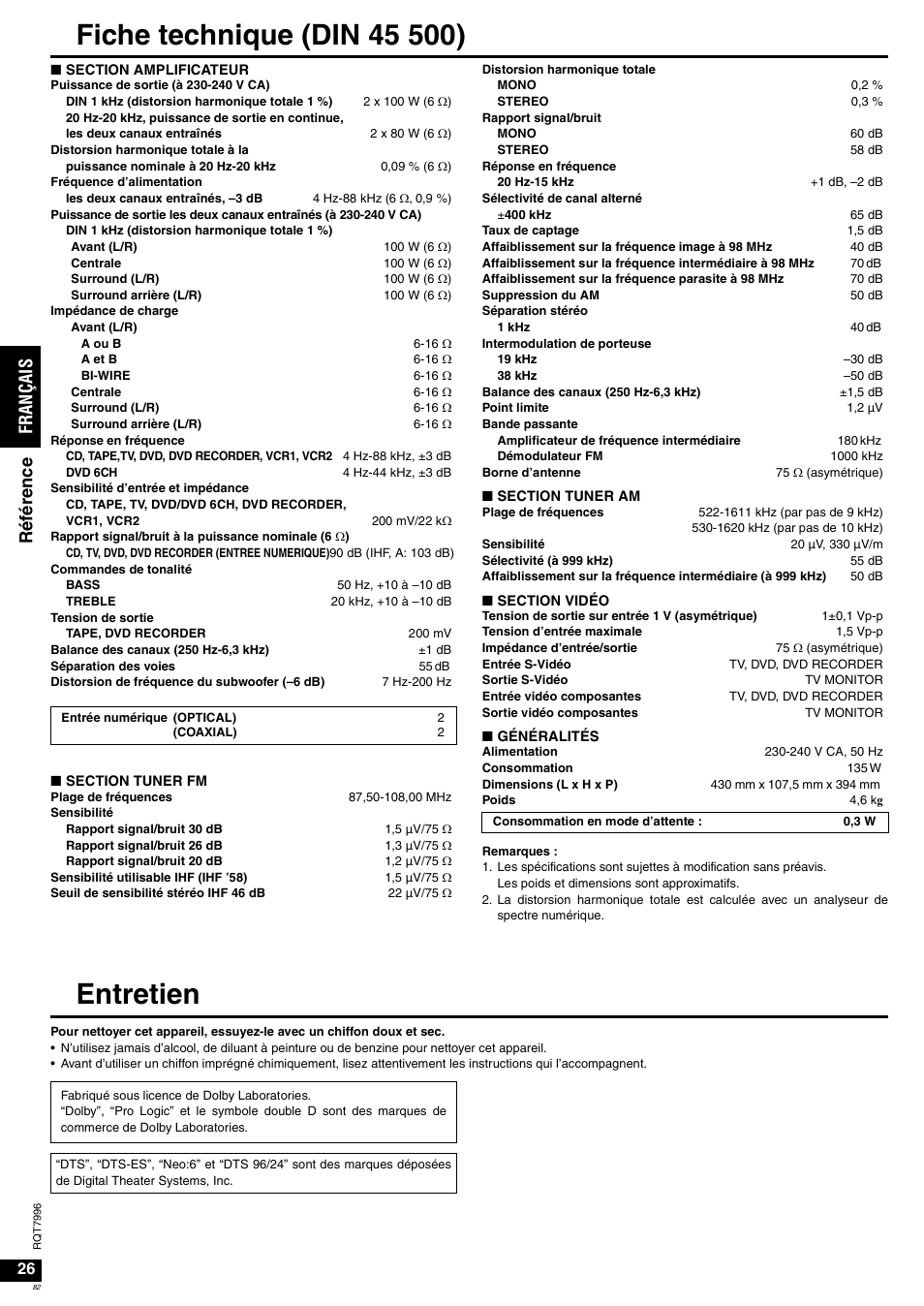 Entretien, Fr an ça is ré fé renc e | Panasonic SAXR55 User Manual | Page 82 / 168