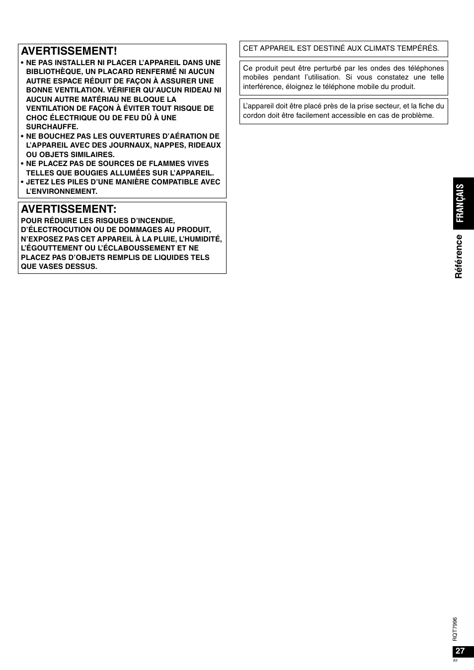 Avertissement | Panasonic SAXR55 User Manual | Page 83 / 168