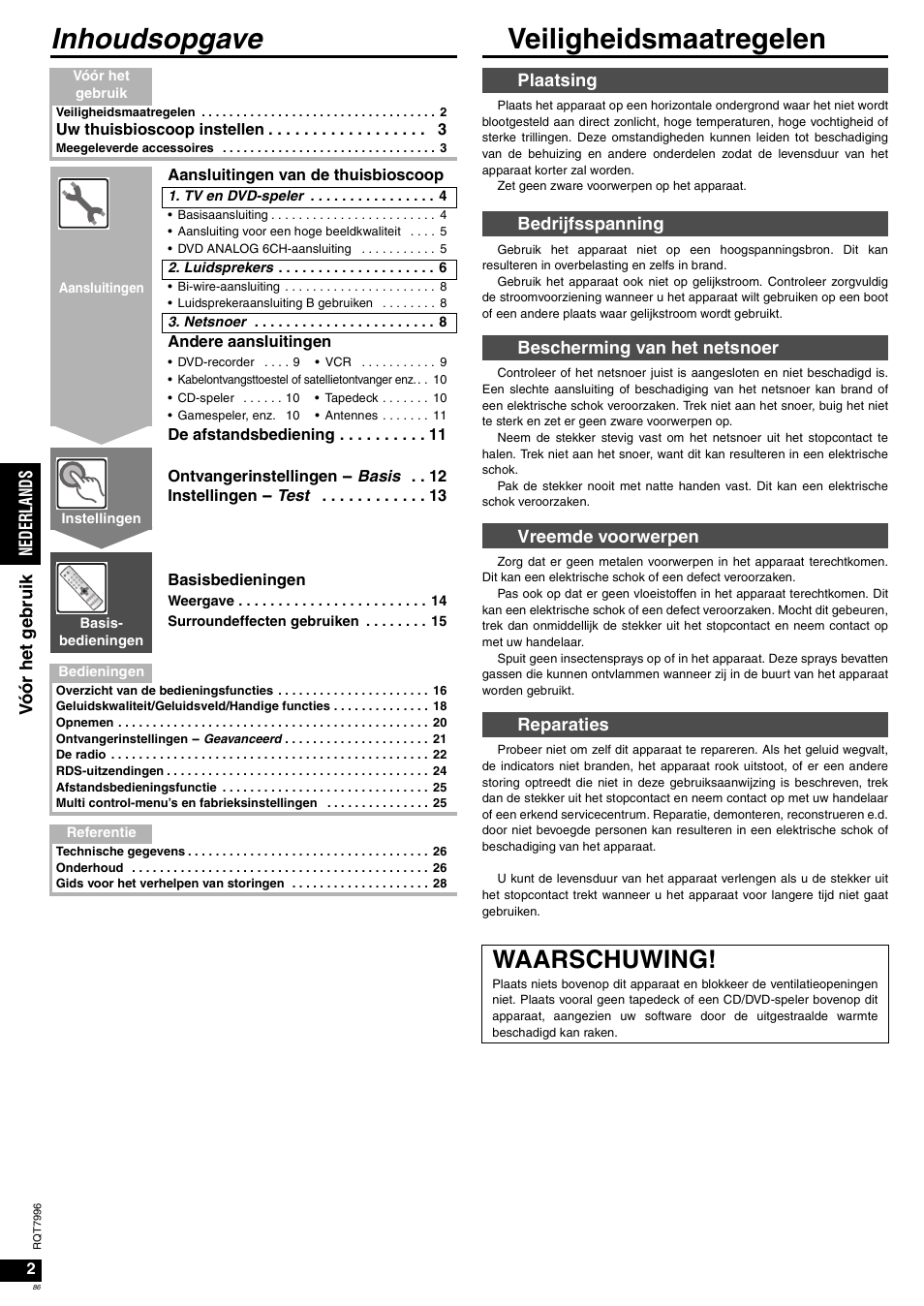 Inhoudsopgave veiligheidsmaatregelen, Waarschuwing, Ned erla nds | Vó ór he t g ebr uik | Panasonic SAXR55 User Manual | Page 86 / 168