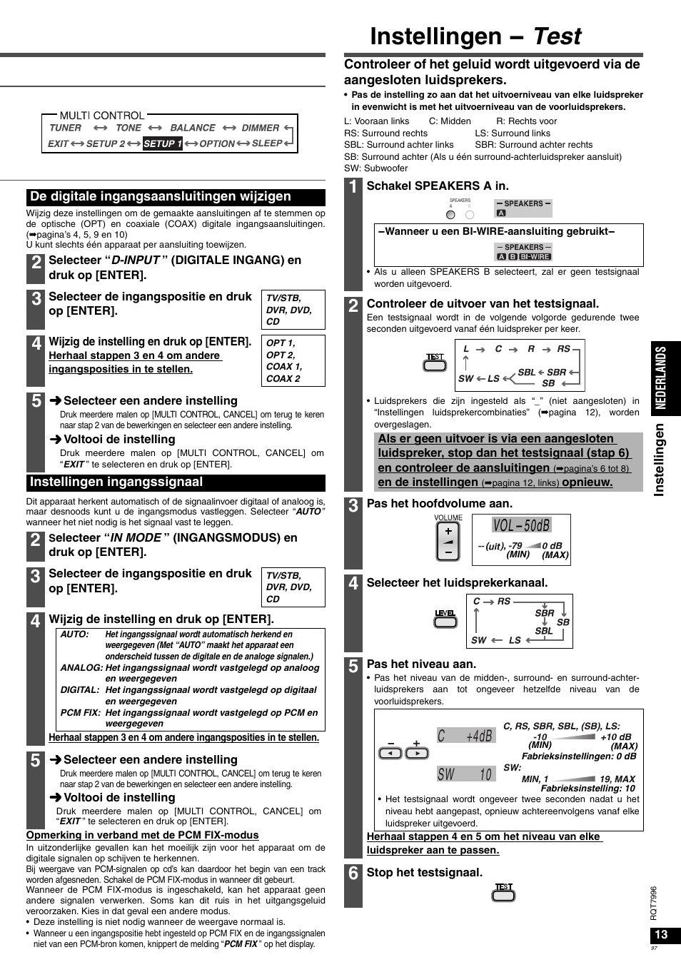 Instellingen - test, Vol- 50db, Sw 10 c +4db | Panasonic SAXR55 User Manual | Page 97 / 168