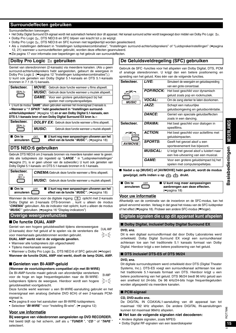 Ba si sb ed ie ninge n ned erla nds, Dts neo:6 gebruiken, De geluidsveldregeling (sfc) gebruiken | Panasonic SAXR55 User Manual | Page 99 / 168