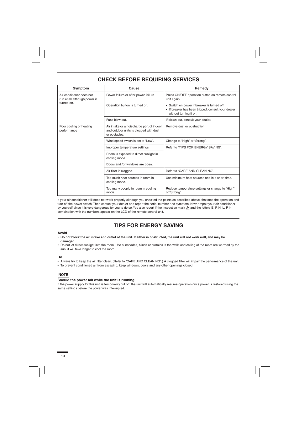Check before requiring services, Tips for energy saving | Panasonic S45PN1E5 User Manual | Page 10 / 104