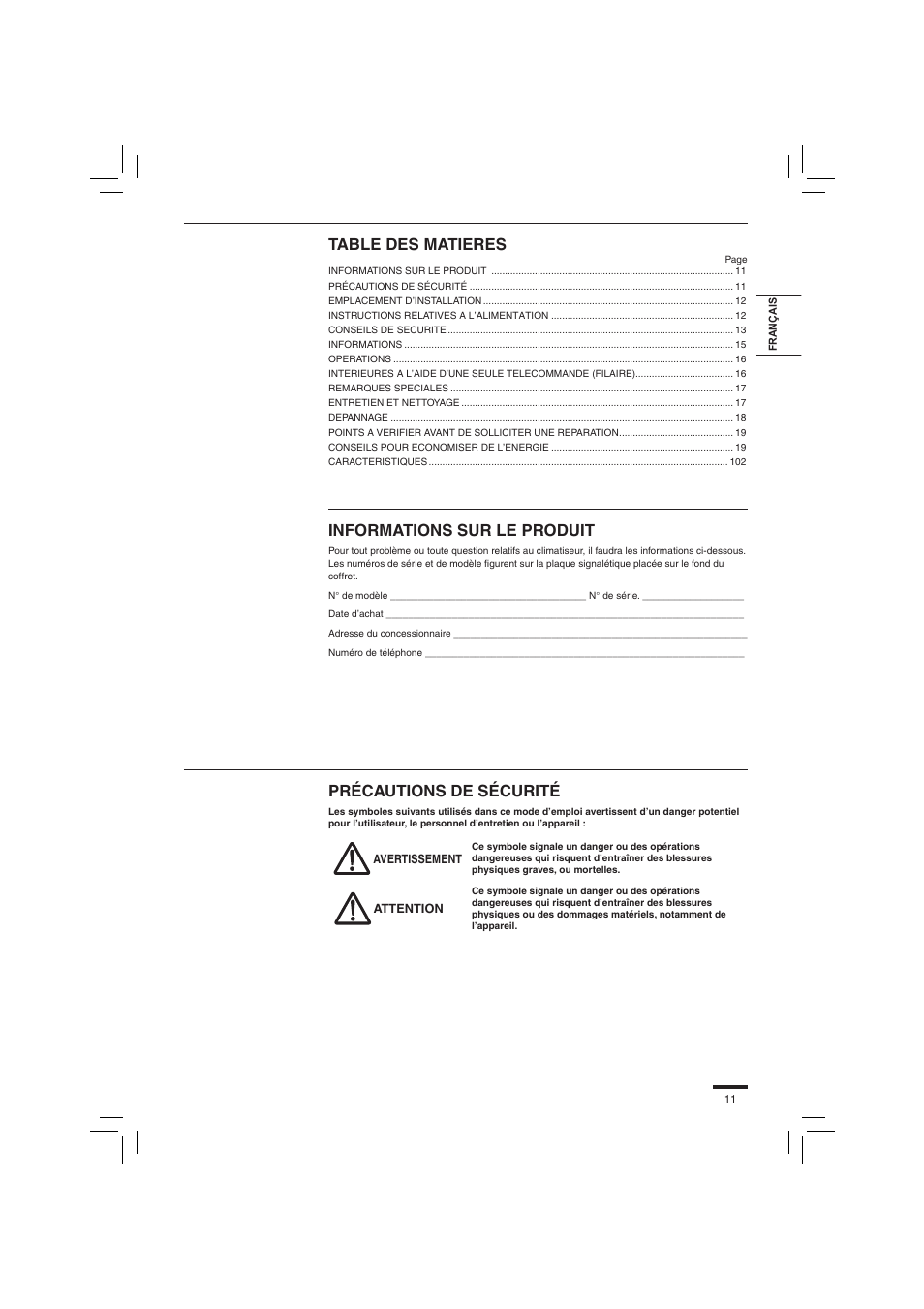 Français, Table des matieres, Informations sur le produit | Précautions de sécurité | Panasonic S45PN1E5 User Manual | Page 11 / 104