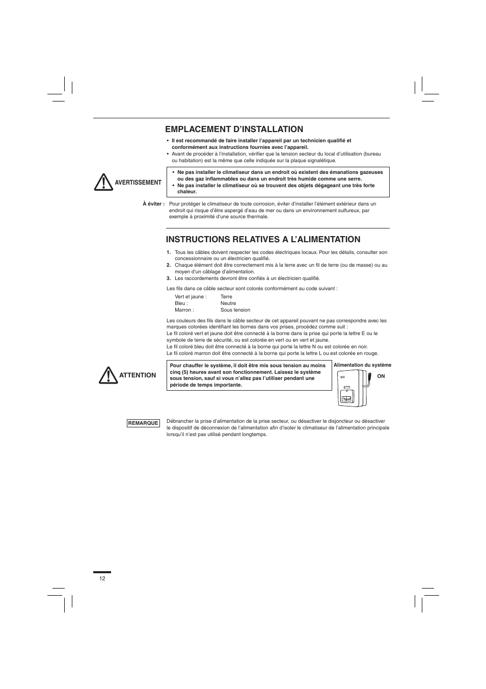 Emplacement d’installation, Instructions relatives a l’alimentation | Panasonic S45PN1E5 User Manual | Page 12 / 104