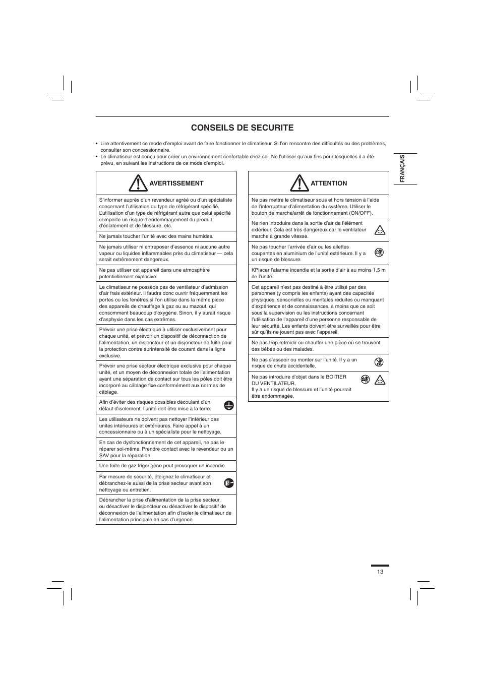 Conseils de securite | Panasonic S45PN1E5 User Manual | Page 13 / 104