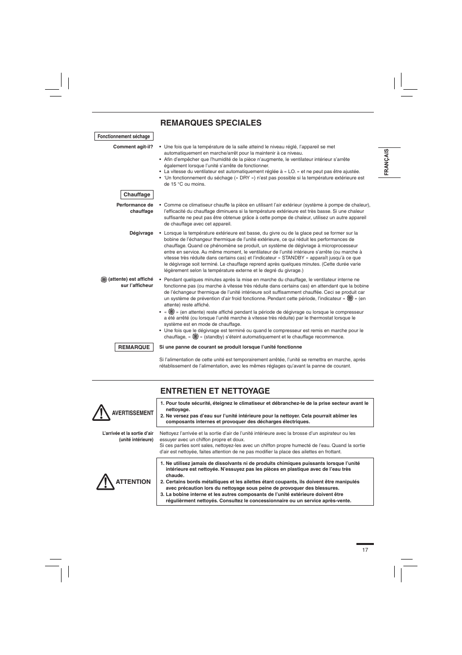 Remarques speciales, Entretien et nettoyage | Panasonic S45PN1E5 User Manual | Page 17 / 104