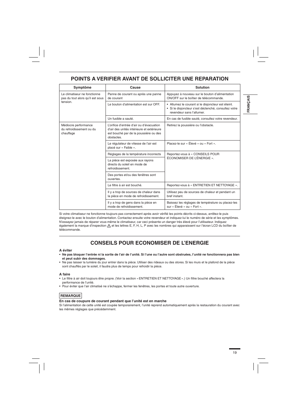 Conseils pour economiser de l’energie | Panasonic S45PN1E5 User Manual | Page 19 / 104