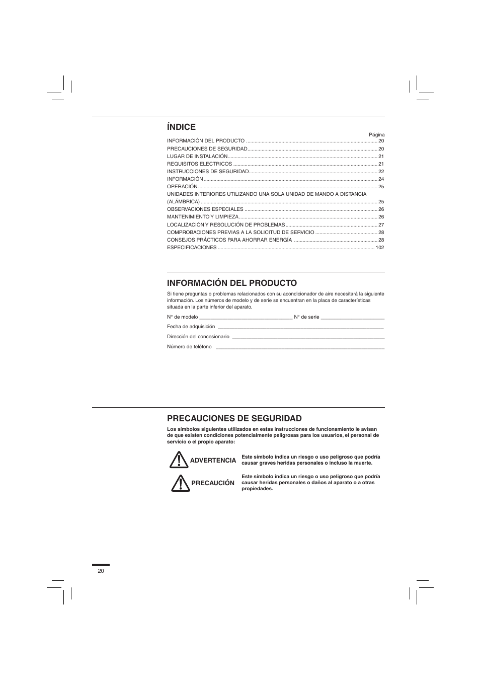 Español, Índice, Información del producto | Precauciones de seguridad | Panasonic S45PN1E5 User Manual | Page 20 / 104