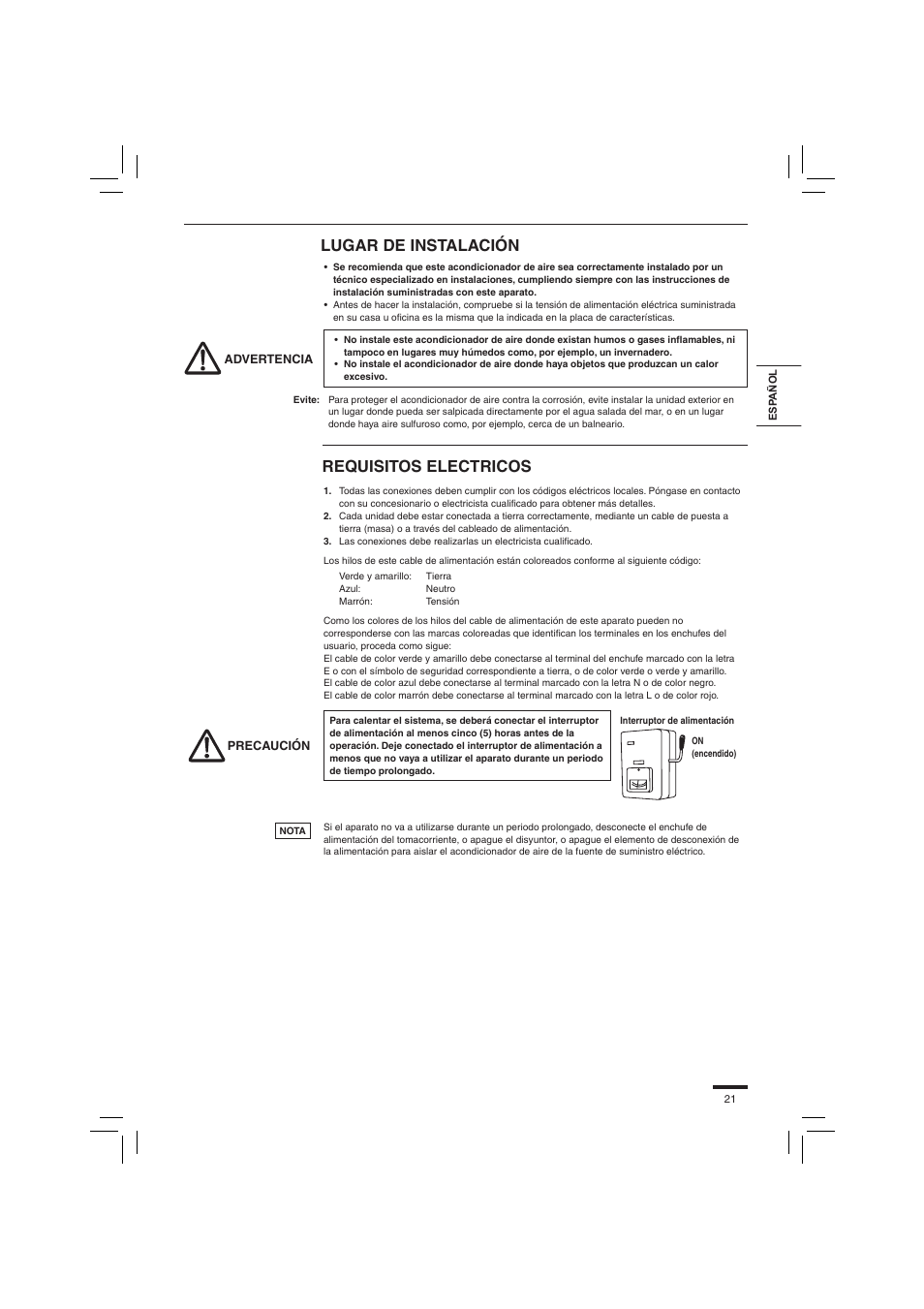 Lugar de instalación, Requisitos electricos | Panasonic S45PN1E5 User Manual | Page 21 / 104