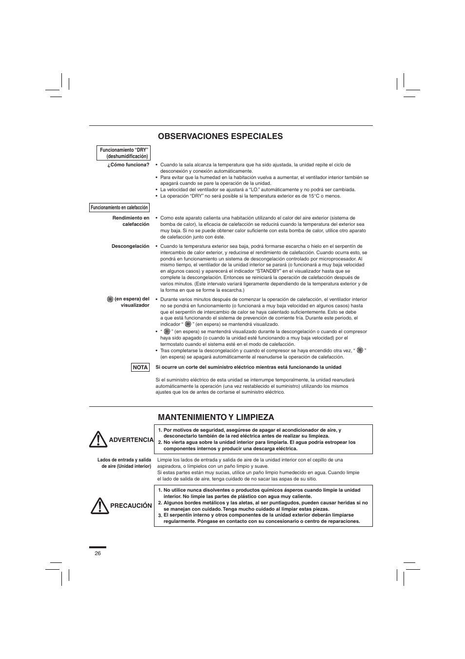 Observaciones especiales, Mantenimiento y limpieza | Panasonic S45PN1E5 User Manual | Page 26 / 104