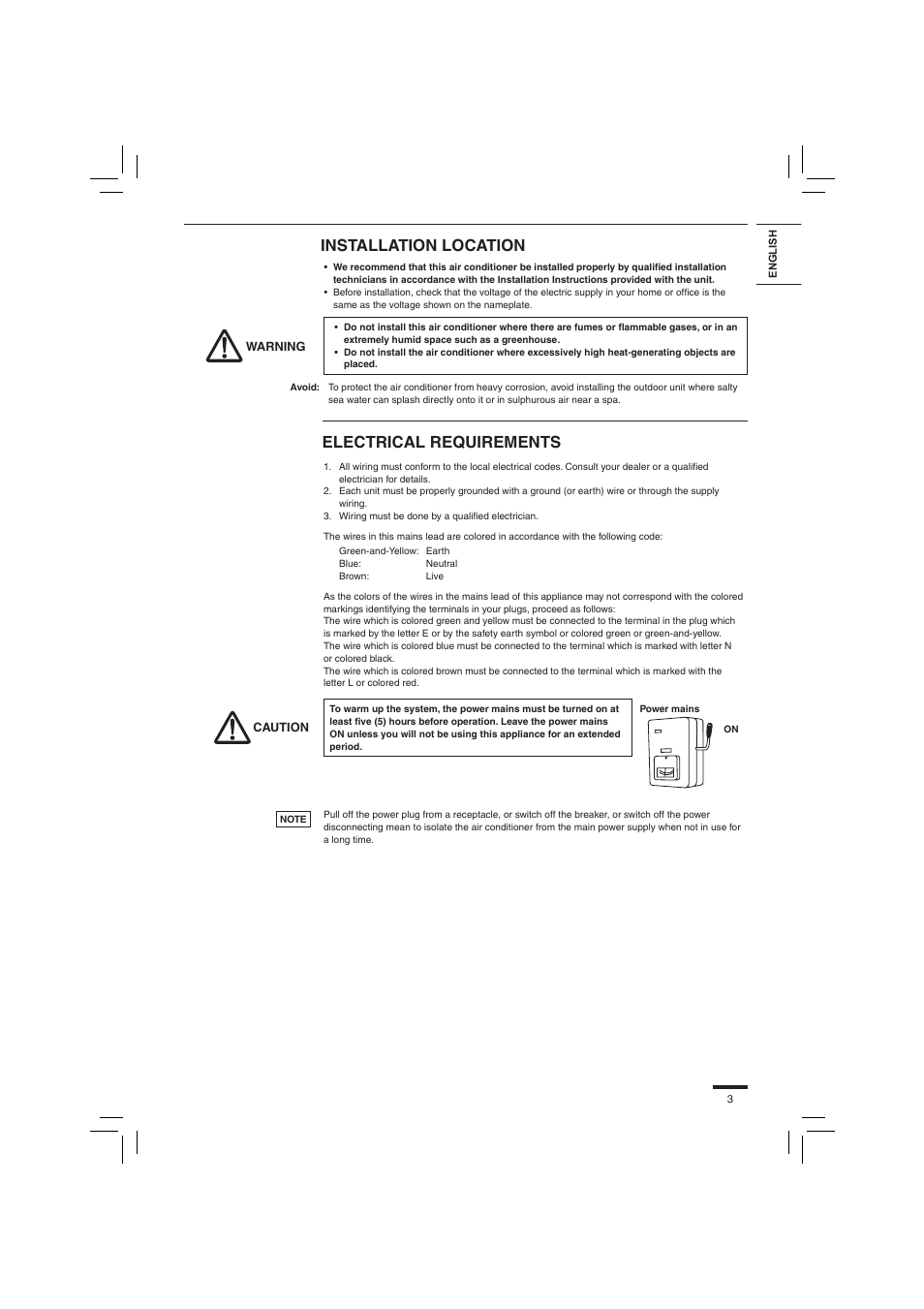 Installation location, Electrical requirements | Panasonic S45PN1E5 User Manual | Page 3 / 104