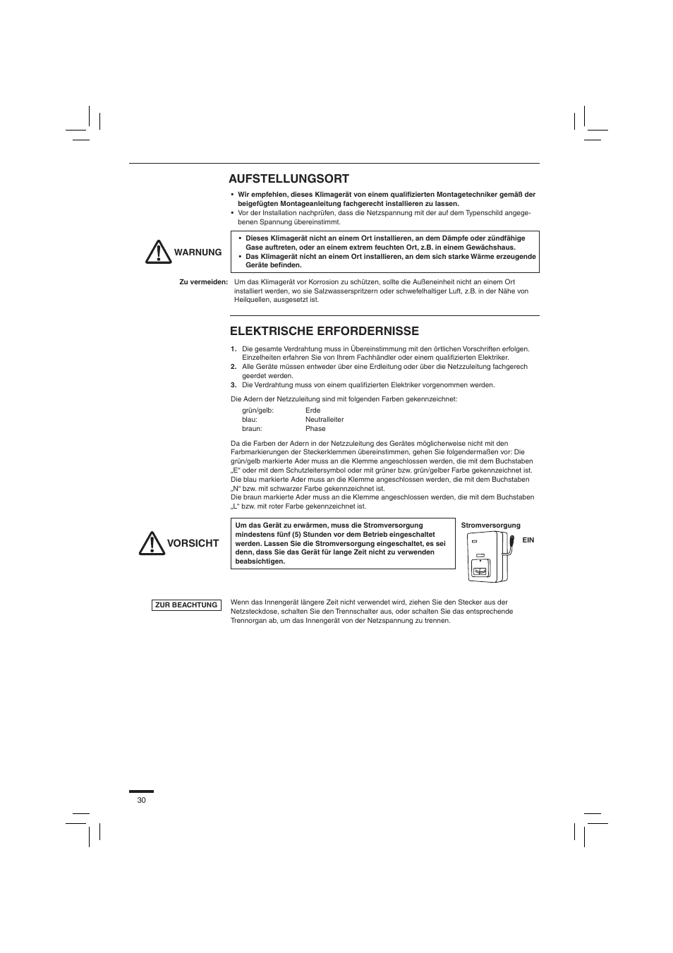 Aufstellungsort, Elektrische erfordernisse | Panasonic S45PN1E5 User Manual | Page 30 / 104