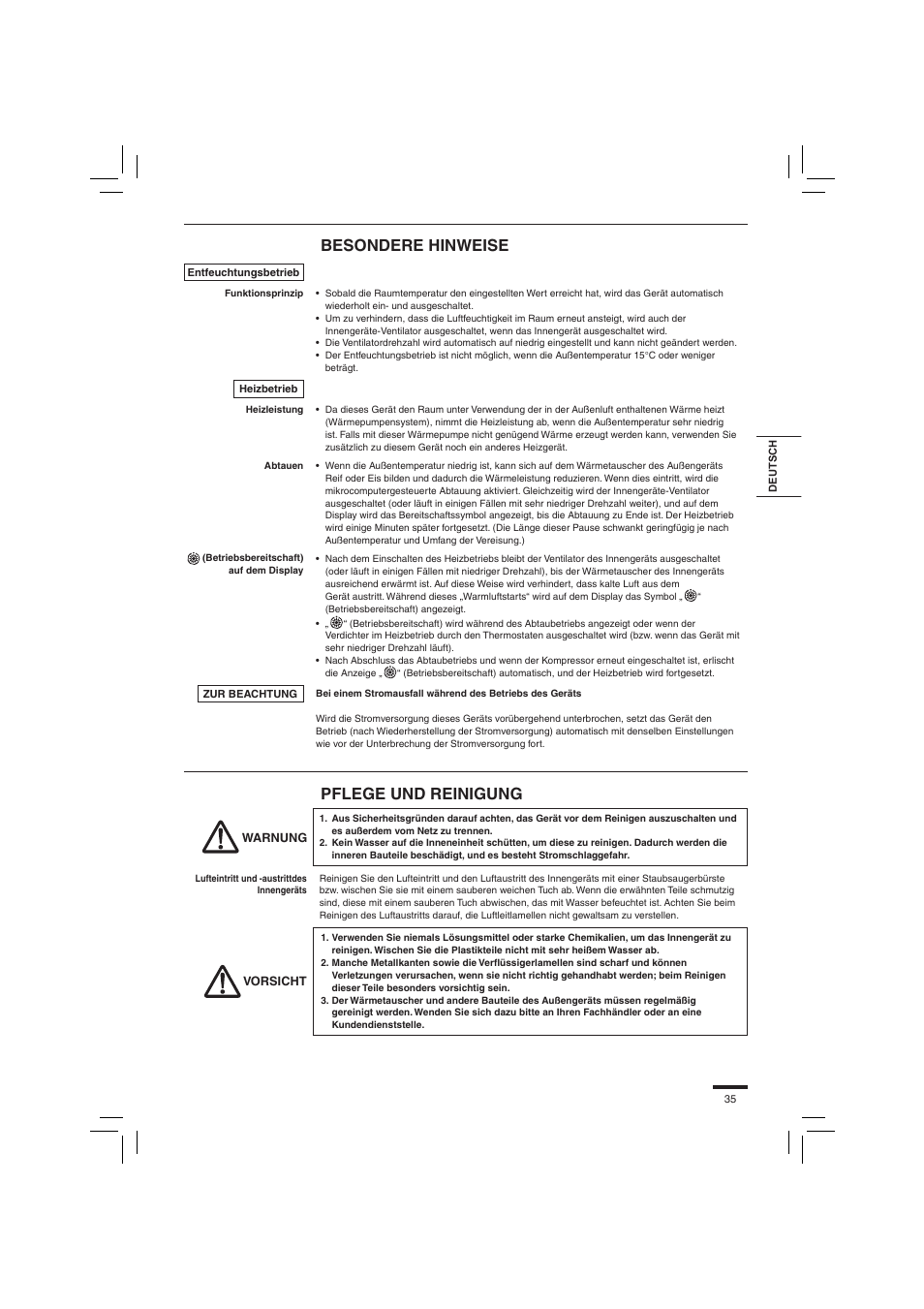 Besondere hinweise, Pflege und reinigung | Panasonic S45PN1E5 User Manual | Page 35 / 104