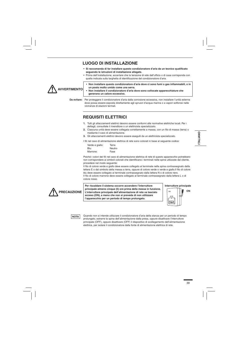 Luogo di installazione, Requisiti elettrici | Panasonic S45PN1E5 User Manual | Page 39 / 104