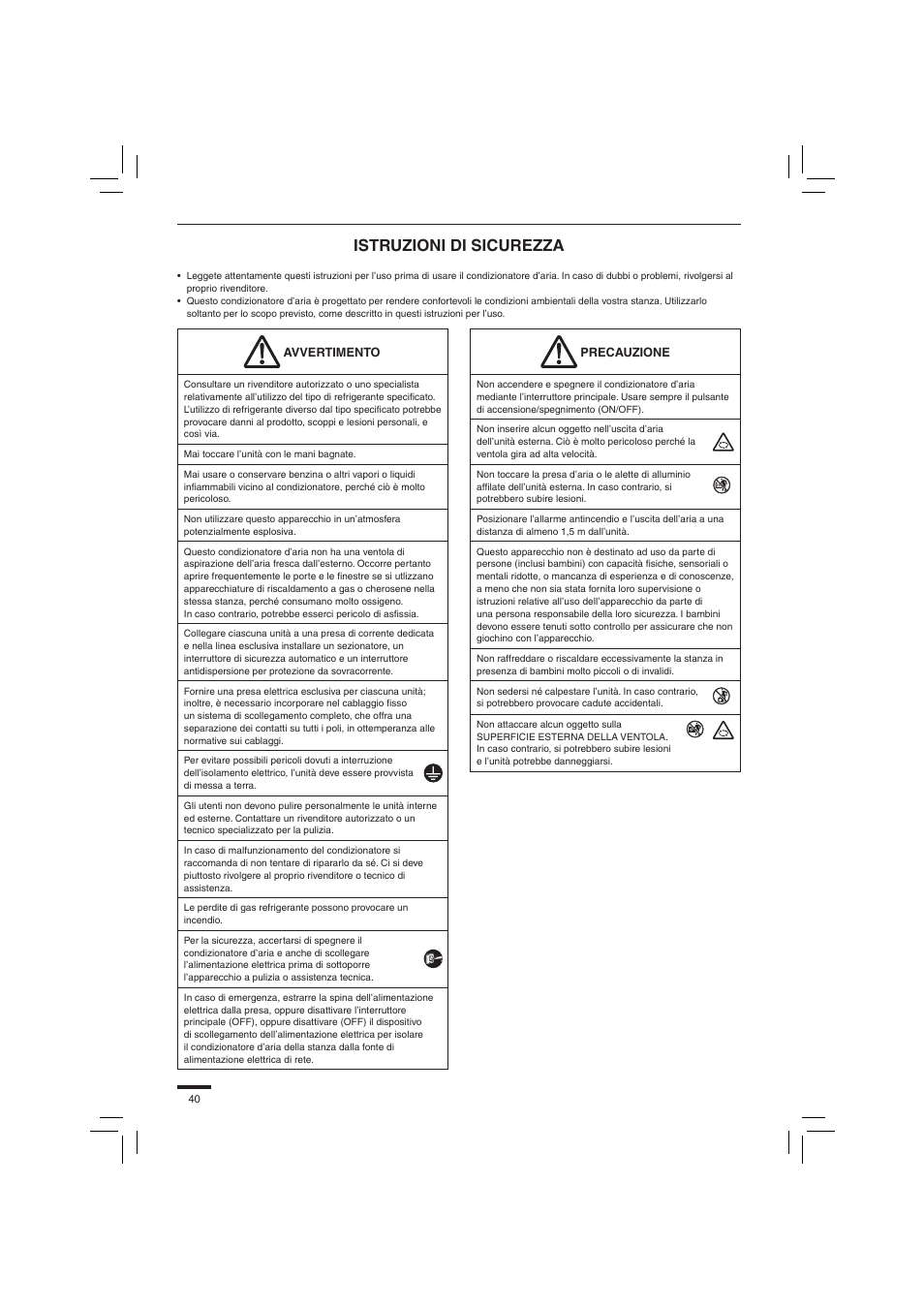 Istruzioni di sicurezza | Panasonic S45PN1E5 User Manual | Page 40 / 104