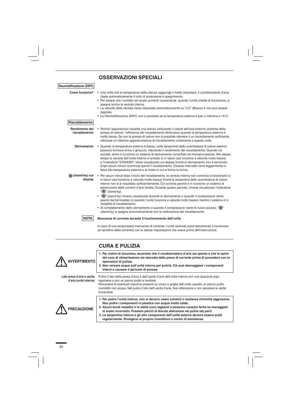 Osservazioni speciali, Cura e pulizia | Panasonic S45PN1E5 User Manual | Page 44 / 104