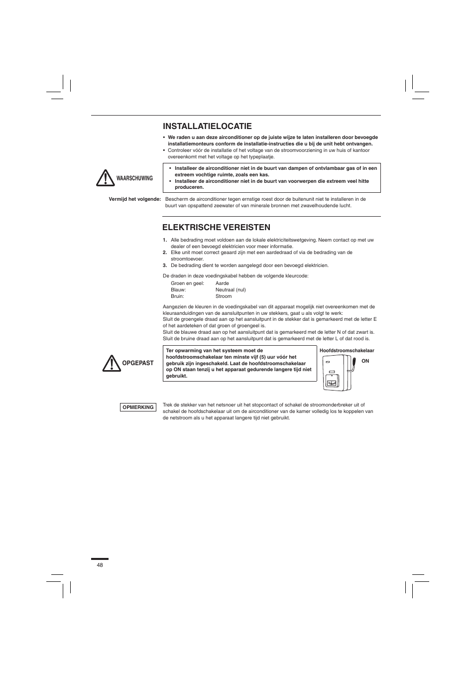 Installatielocatie, Elektrische vereisten | Panasonic S45PN1E5 User Manual | Page 48 / 104