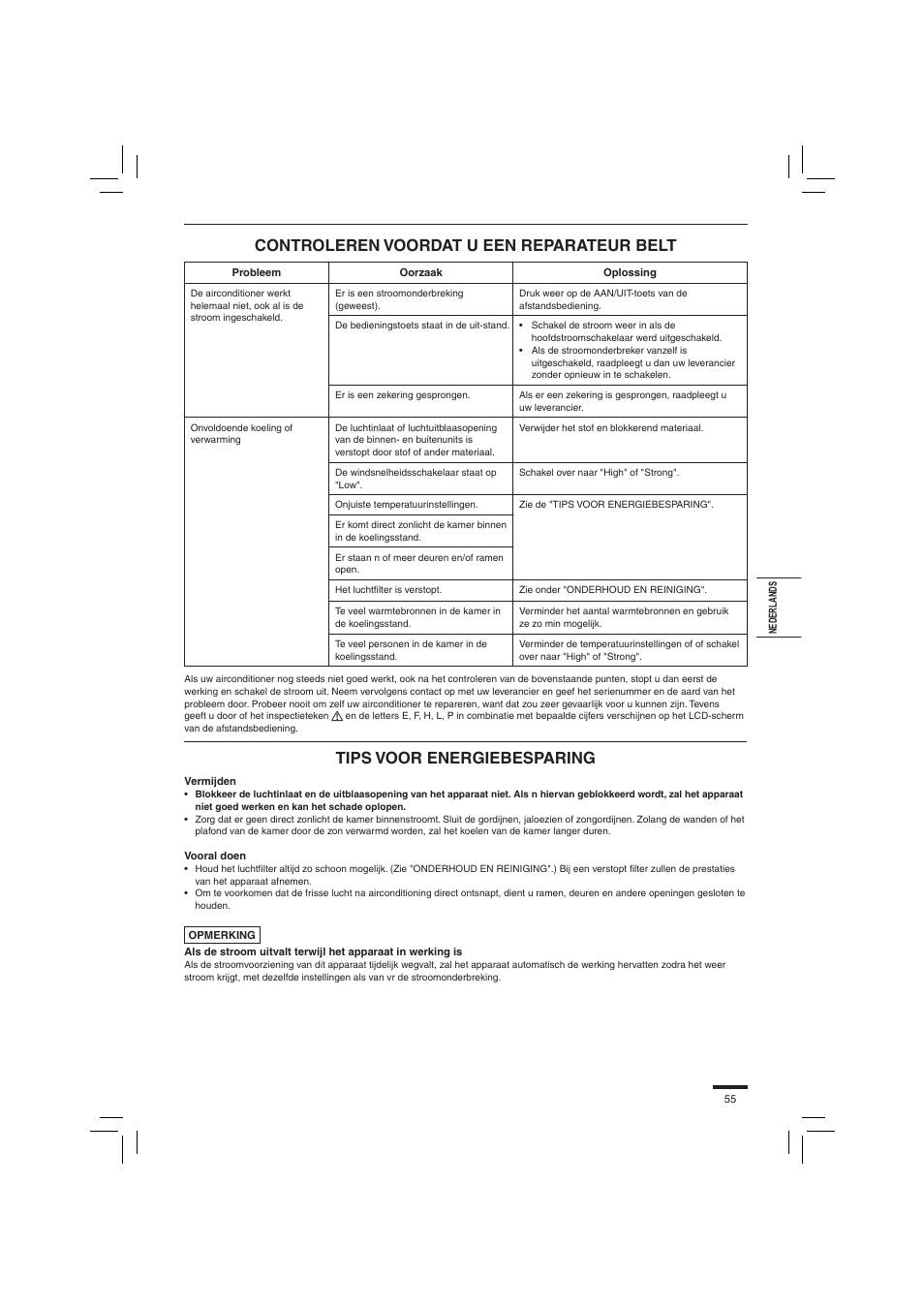 Controleren voordat u een reparateur belt, Tips voor energiebesparing | Panasonic S45PN1E5 User Manual | Page 55 / 104