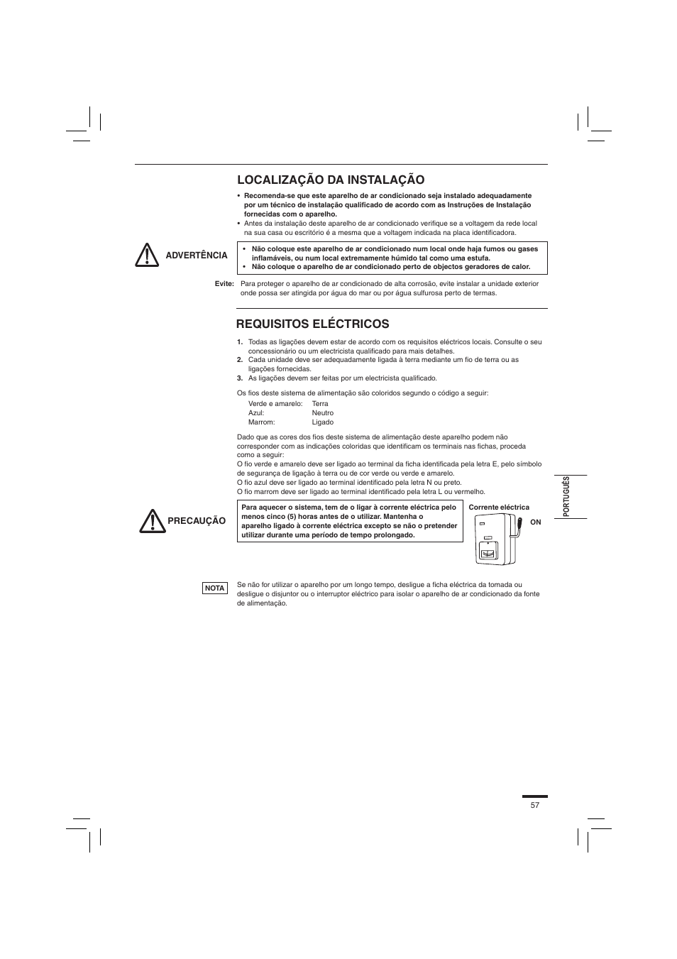 Localização da instalação, Requisitos eléctricos | Panasonic S45PN1E5 User Manual | Page 57 / 104