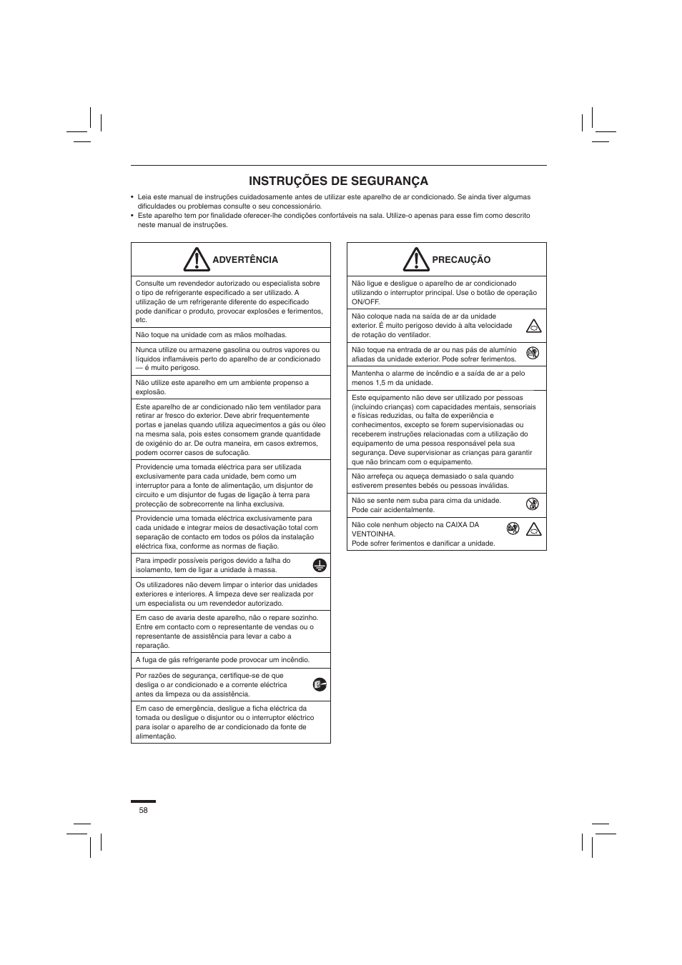 Instruções de segurança | Panasonic S45PN1E5 User Manual | Page 58 / 104