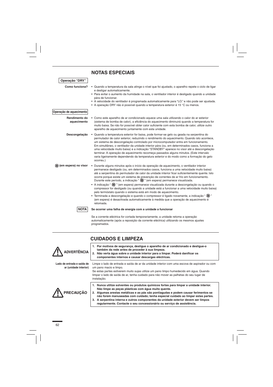 Notas especiais, Cuidados e limpeza | Panasonic S45PN1E5 User Manual | Page 62 / 104