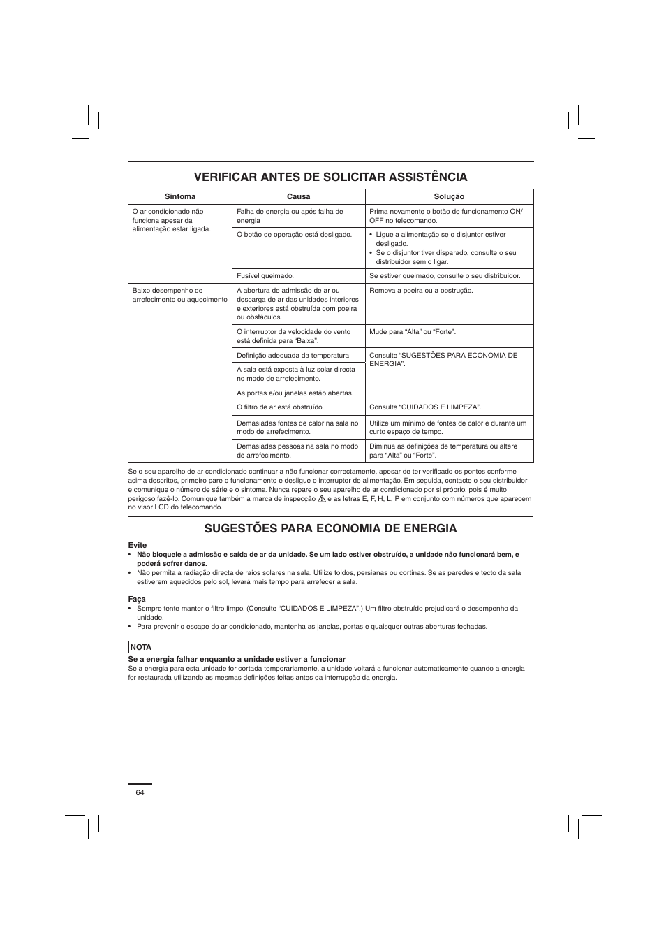 Verificar antes de solicitar assistência, Sugestões para economia de energia | Panasonic S45PN1E5 User Manual | Page 64 / 104