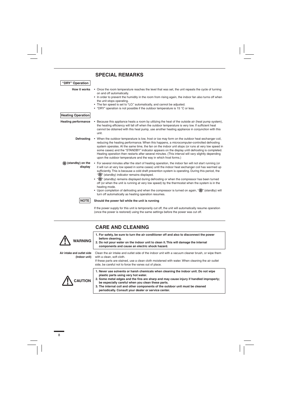 Special remarks, Care and cleaning | Panasonic S45PN1E5 User Manual | Page 8 / 104