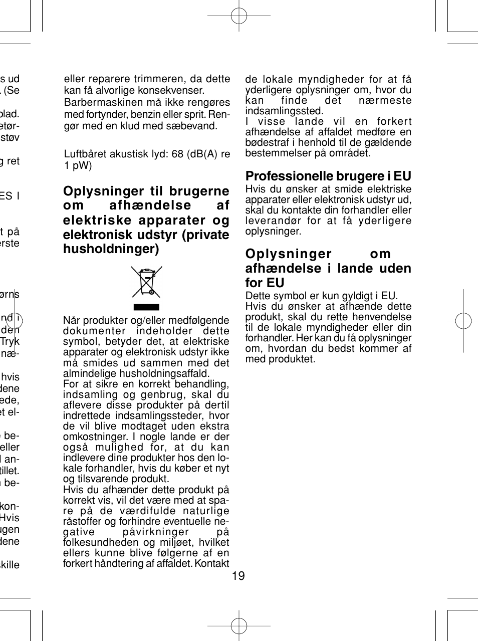 Professionelle brugere i eu, Oplysninger om afhændelse i lande uden for eu | Panasonic ER430 User Manual | Page 19 / 48