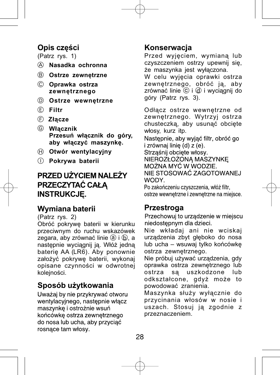 Opis części, Wymiana baterii, Sposób użytkowania konserwacja | Przestroga, Przed użyciem należy przeczytać całą instrukcję | Panasonic ER430 User Manual | Page 28 / 48