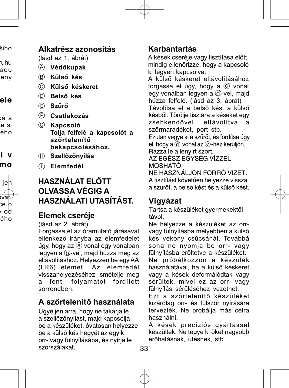 I v mo, Alkatrész azonosítás, Elemek cseréje | A szőrtelenítő használata karbantartás, Vigyázat | Panasonic ER430 User Manual | Page 33 / 48