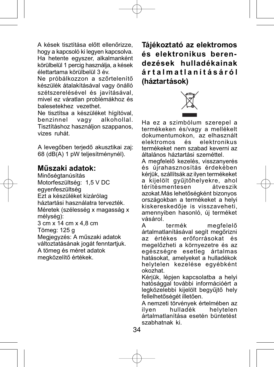 Műszaki adatok | Panasonic ER430 User Manual | Page 34 / 48