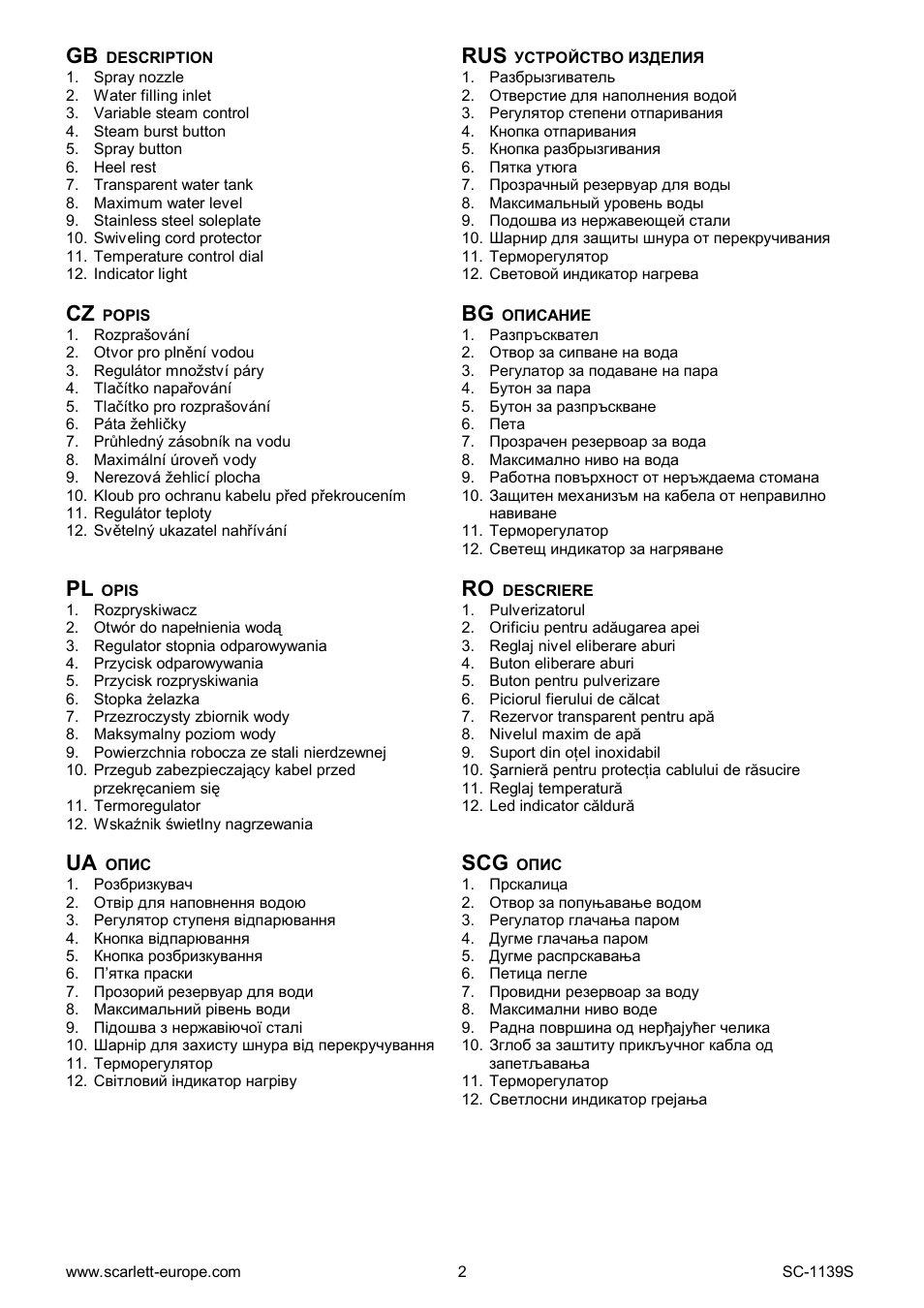 Ua scg | Scarlett SC-1139S User Manual | Page 2 / 27