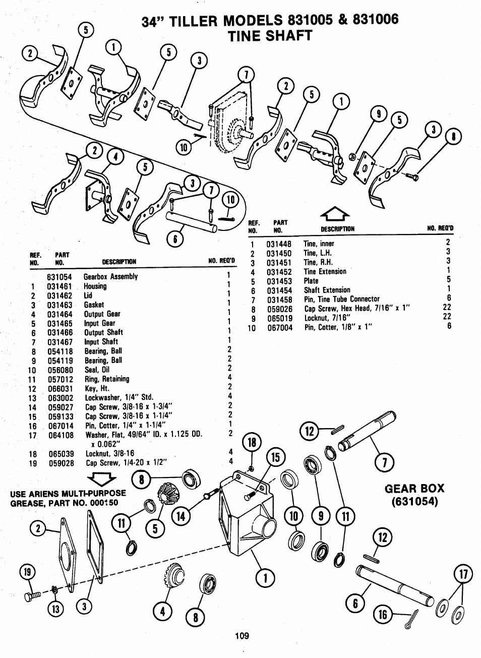 34” tiller models 831005 & 831006 tine shaft, Gear box (631054), Gear box | Ariens 931 User Manual | Page 110 / 167