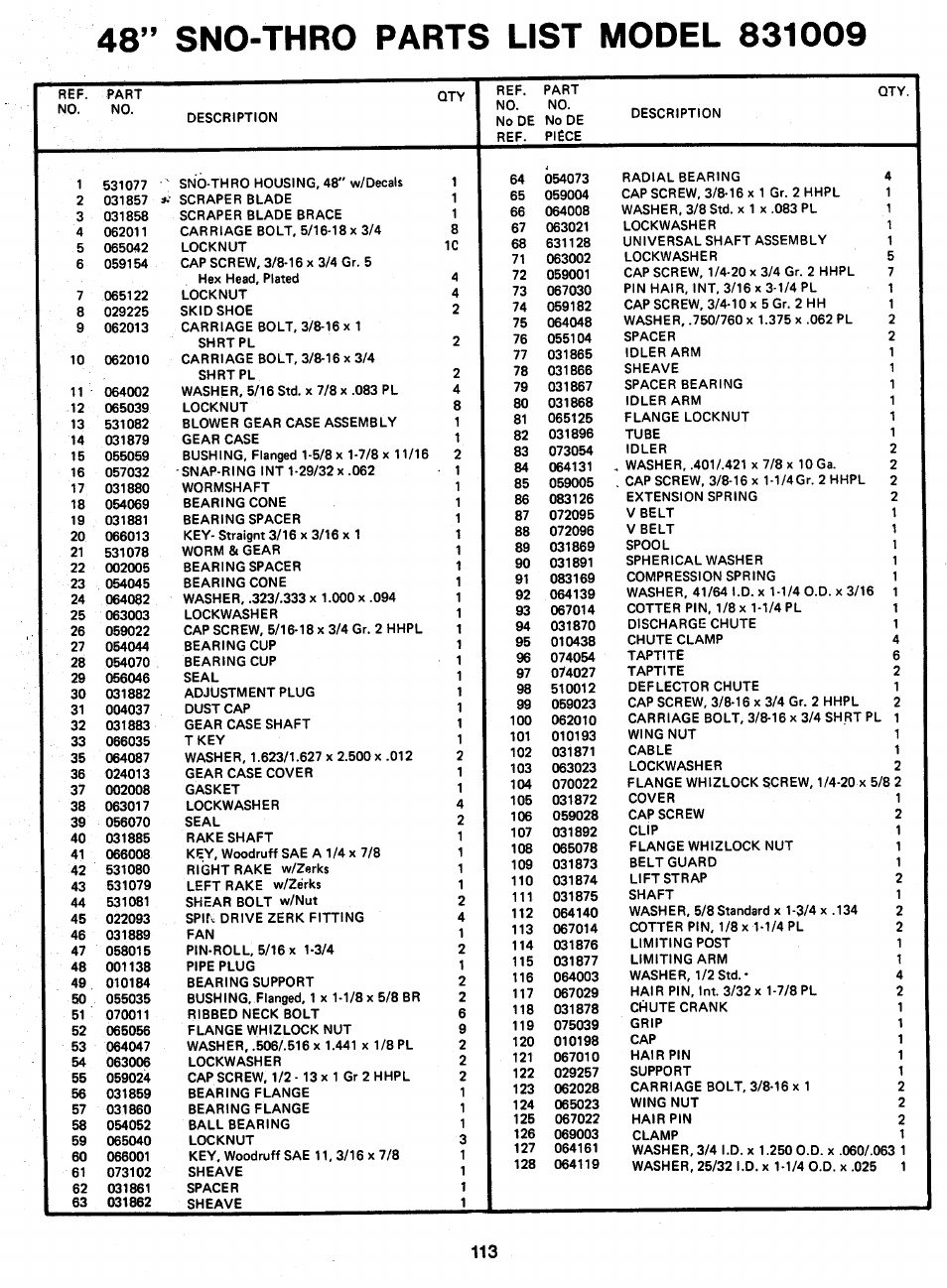 48” sno-thro parts list model 831009 | Ariens 931 User Manual | Page 114 / 167