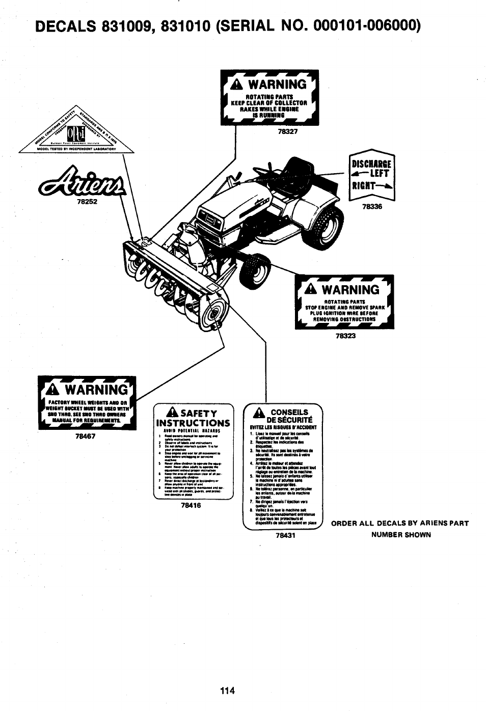 Decals 831009, 831010 (serial no. 000101-006000), A safety instructions | Ariens 931 User Manual | Page 115 / 167