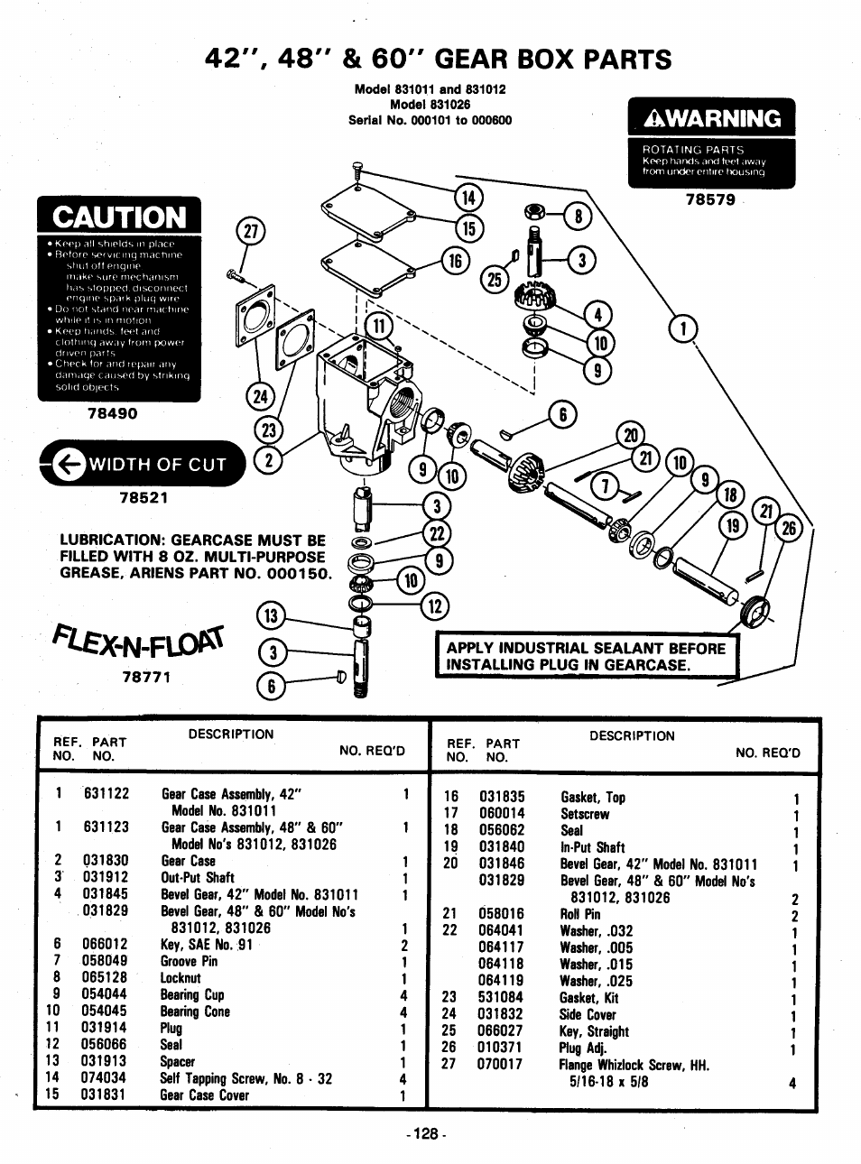 42", 48" & 60" gear box parts, Caution, Awarning | Width of cut | Ariens 931 User Manual | Page 129 / 167