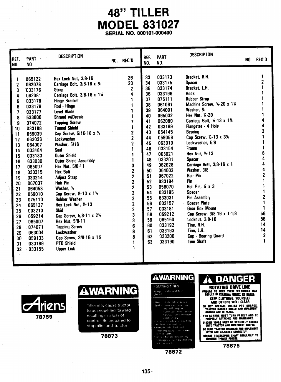 Ct^riens, A danger, Awarning | Ariens 931 User Manual | Page 136 / 167