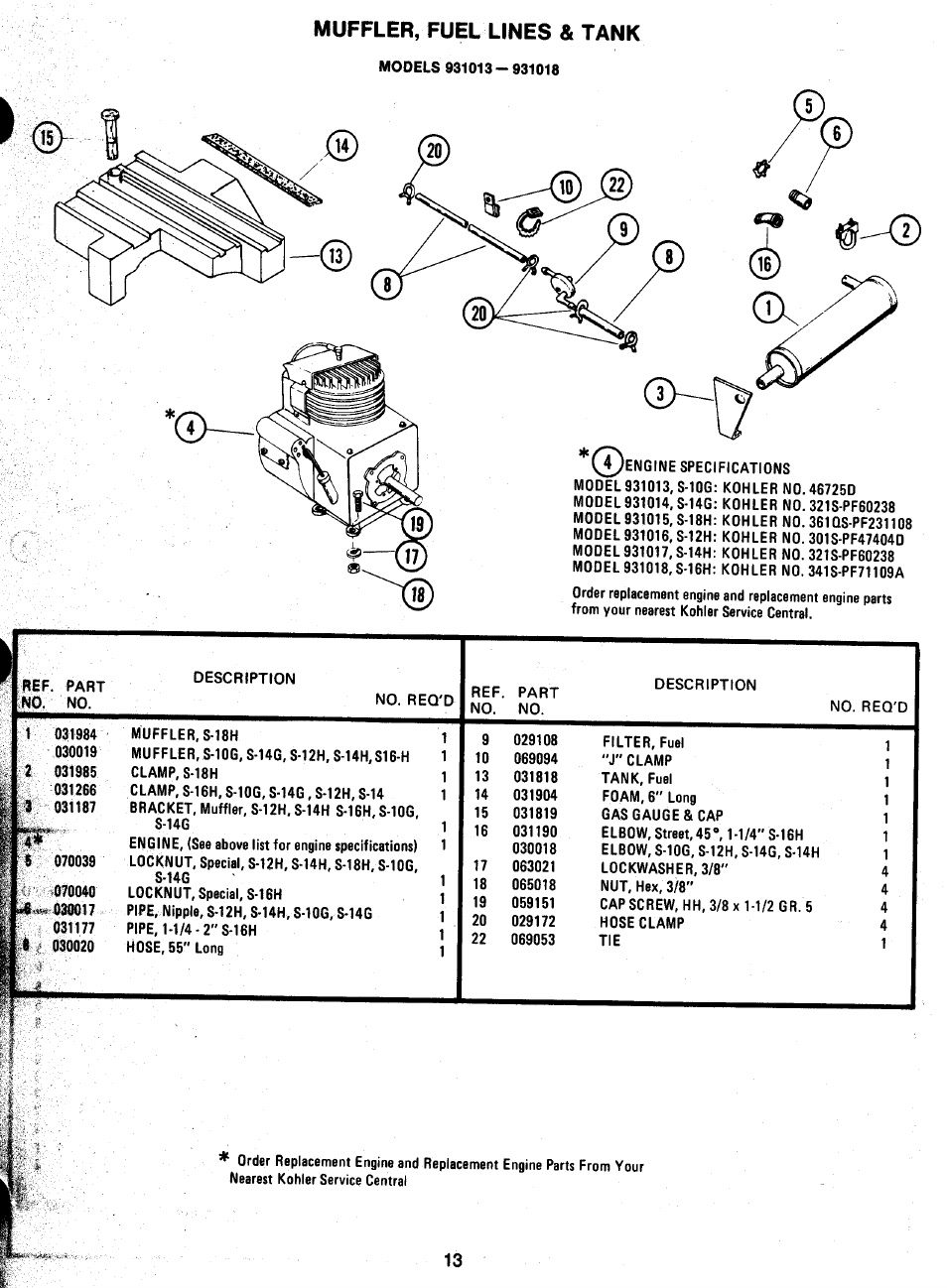 Muffler, fuel lines & tank | Ariens 931 User Manual | Page 14 / 167