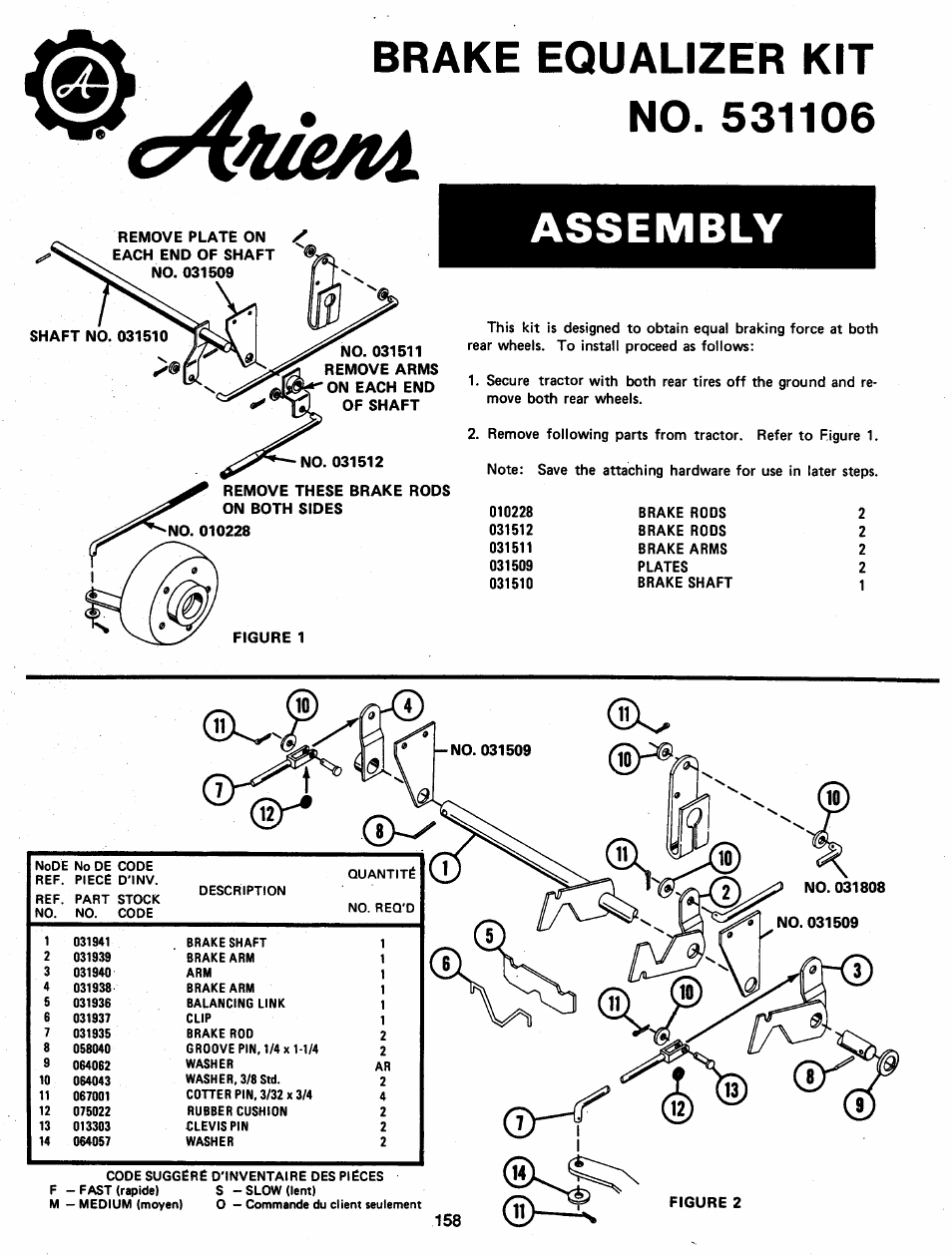 Brake equalizer kit, No. 531106, Assembly | Ariens 931 User Manual | Page 159 / 167