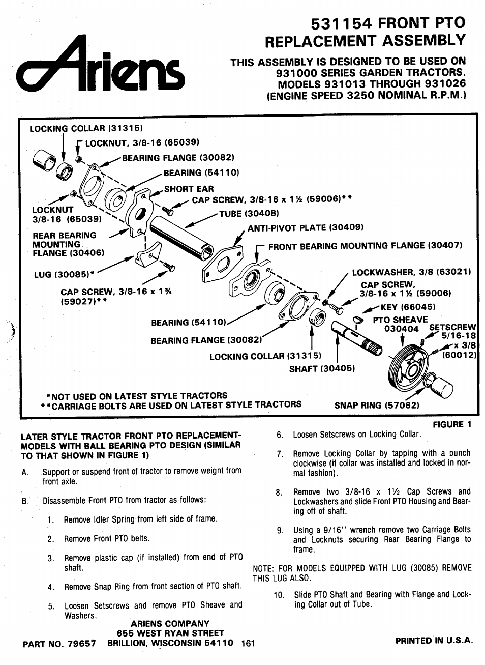 531154 front pto replacement assembly, Ct^iens | Ariens 931 User Manual | Page 162 / 167